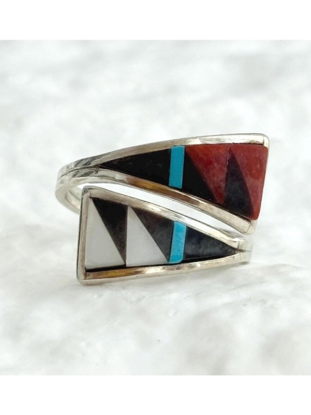 Zuni Turquoise, Onyx, MOP & Coral Wrap Sterling Silver 925 Vintage Ring - sz 7